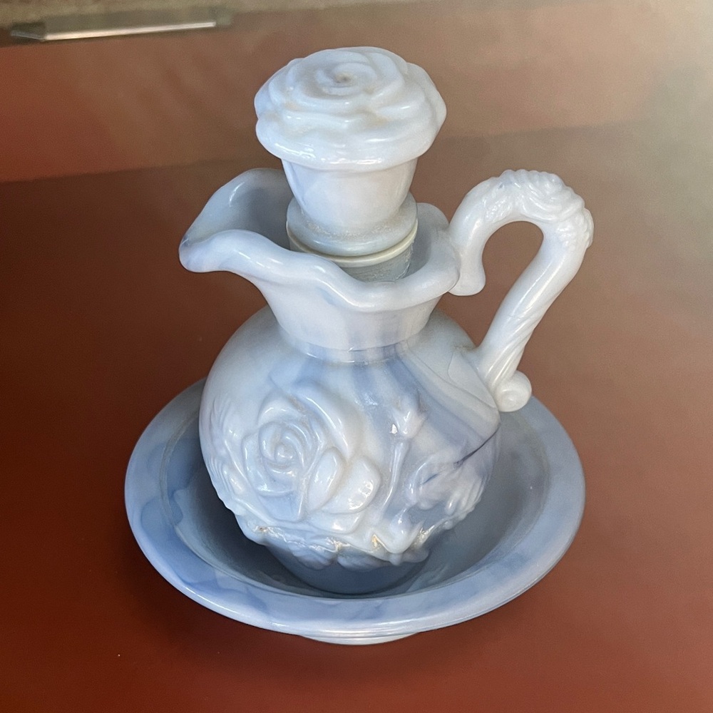 EUC - Avon blue glass pitcher with bowl and stopper - May 1978